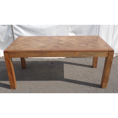 123 - A modern hardwood Dining Table on square cut supports 5ft 9in W x 2ft 6in H and a set of six Dining ... 