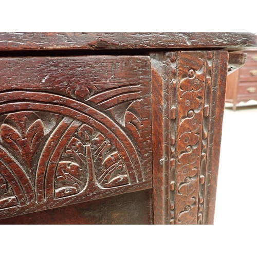 115 - A late 17th or early 18th Century oak three panel Coffer with lunette carved frieze 3ft 10in W x 2ft... 