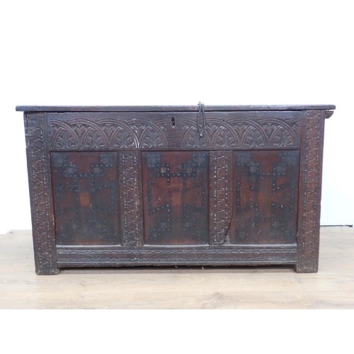 115 - A late 17th or early 18th Century oak three panel Coffer with lunette carved frieze 3ft 10in W x 2ft... 