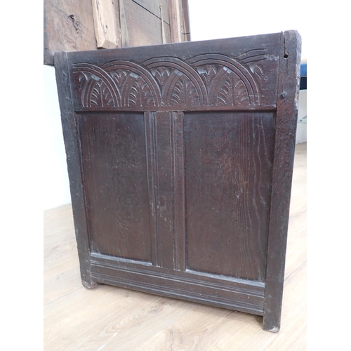 115 - A late 17th or early 18th Century oak three panel Coffer with lunette carved frieze 3ft 10in W x 2ft... 