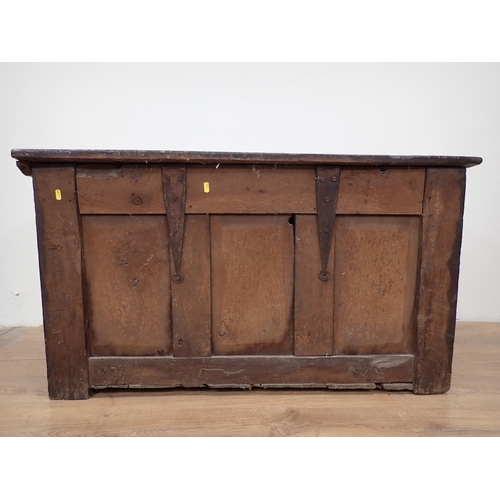 115 - A late 17th or early 18th Century oak three panel Coffer with lunette carved frieze 3ft 10in W x 2ft... 