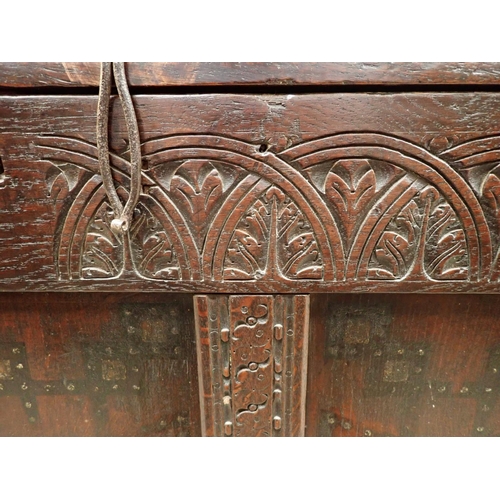 115 - A late 17th or early 18th Century oak three panel Coffer with lunette carved frieze 3ft 10in W x 2ft... 