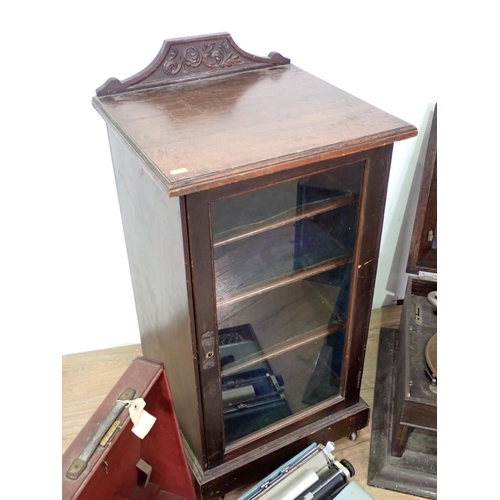 122 - A Victorian walnut and glazed Music Cabinet 2ft 10in H x 1ft 6in W, a pine Wall Cabinet, a Typewrite... 