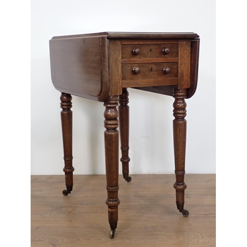 133 - A 19th Century mahogany drop leaf Work Table fitted two end drawers mounted upon turned supports and... 