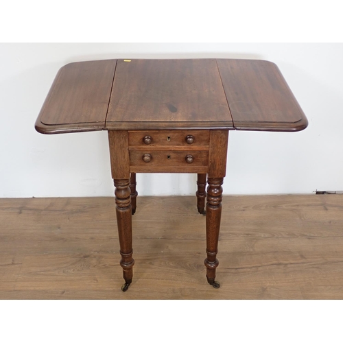 133 - A 19th Century mahogany drop leaf Work Table fitted two end drawers mounted upon turned supports and... 