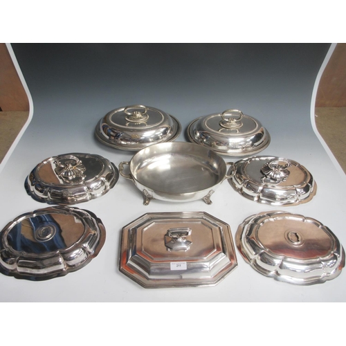 211 - A pair of plated oval Entree Dishes and Covers with dolphin crests, four Lids, two with handles and ... 