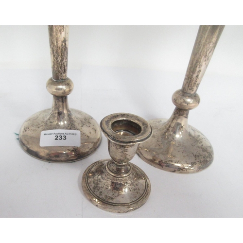 233 - A pair of Edward VII silver Spill Vases on circular bases, Birmingham 1903, one A/F and a small silv... 