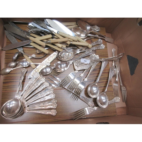 236 - Two silver Sugar Tongs, two plated Tongs, plated three piece Condiment Set, Magnifying Glass and a l... 