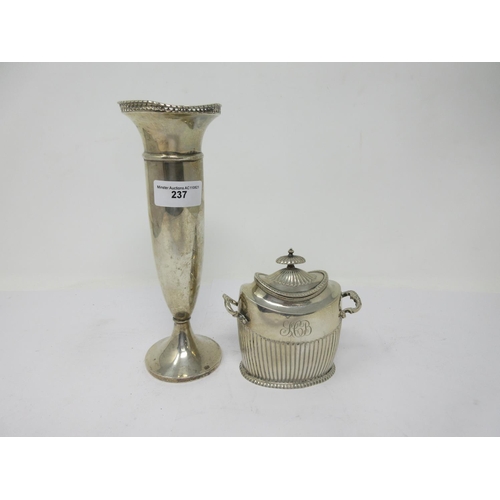 237 - A sterling silver two-handled oval semi-fluted Tea Caddy engraved initials, and a Spill Vase with pi... 