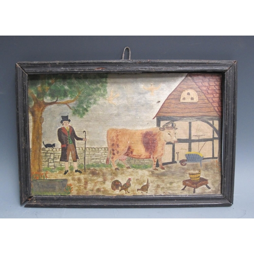 305 - ENGLISH NAIVE SCHOOL. A Farmer and Cow by a Farmhouse, oil on panel, 7 x 11in