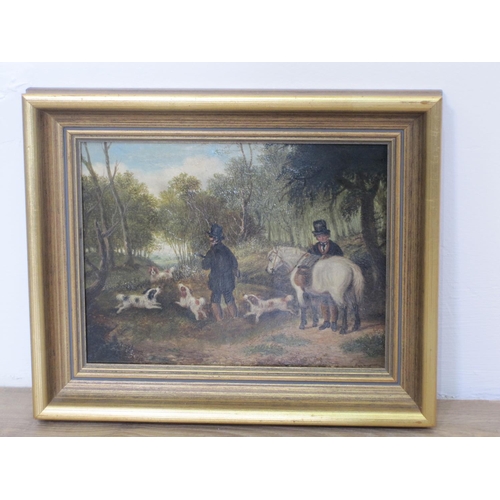 318 - FOLLOWER OF DEAN WOLSTENHOLME. Sportsmen and pony with spaniels in a forest setting, oil on panel, 7... 