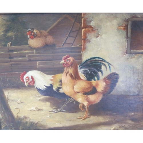 320 - VICTOR BAIRD (20th Century). 'In a Farmyard' and 'With Young Chicks', signed, oil on panel, 9 x 11 1... 