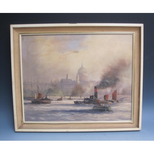 325 - BRIAN J. JONES RSMA. On the Thames near St Paul's, signed, oil on canvas, 16 x 20in