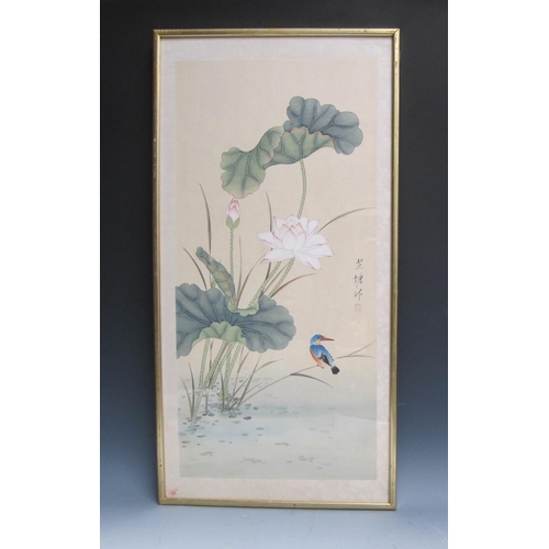 326 - CHINESE SCHOOL, 20th Century. A Kingfisher on a Branch, watercolour, 27 x 13in