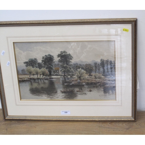 332 - E.J. DUVALL. A tranquil river landscape with figures in a rowing boat, signed, watercolour, 11 1/4 x... 