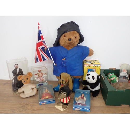 349 - Box of Dolls, Teddy Bears, a Paddington Bear and a battery operated Panda