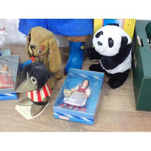 349 - Box of Dolls, Teddy Bears, a Paddington Bear and a battery operated Panda