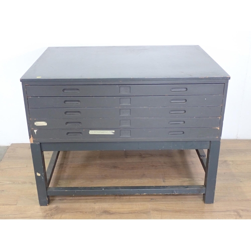 351 - A grey painted Plan Chest of five drawers on stand 4ft W x 3ft H