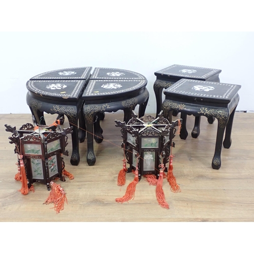 356 - A quartetto group of lacquered and mother of pearl inlaid Tables, two Plant Stands and two Lanterns