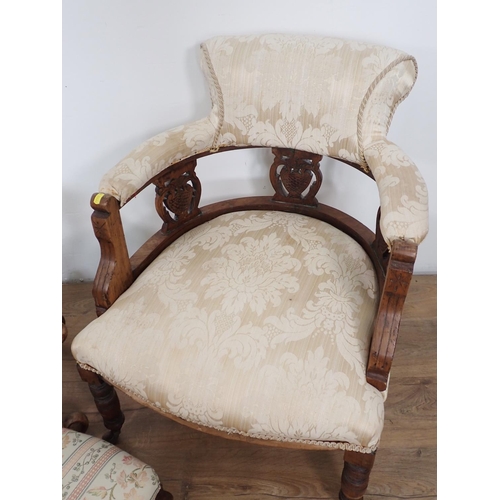 365 - A Victorian walnut framed Tub Chair, a Victorian mahogany X-frame Stool and a Victorian Stool on cab... 