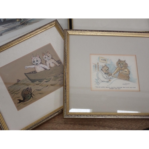 37 - A copper Watering Can, glass Decanter and various framed Prints