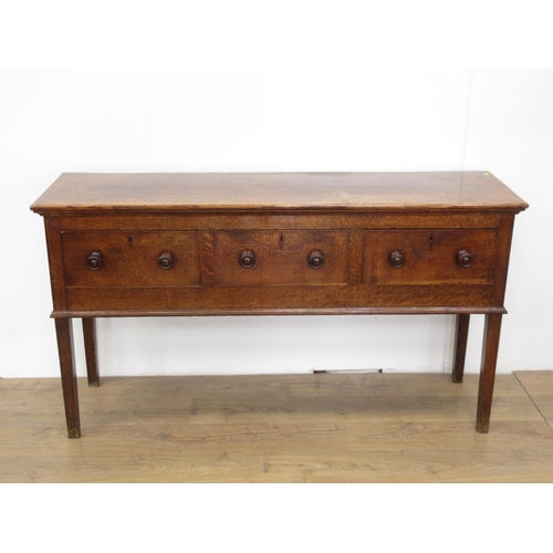 378 - A 19th Century oak Dresser Base fitted three drawers mounted upon square cut supports 5ft 4in W x 3f... 