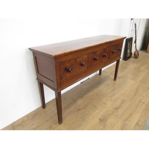 378 - A 19th Century oak Dresser Base fitted three drawers mounted upon square cut supports 5ft 4in W x 3f... 