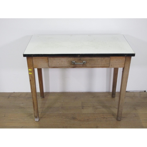 383 - An oak Side Table with enamel top fitted single frieze drawer 3ft W x 2ft 6in H