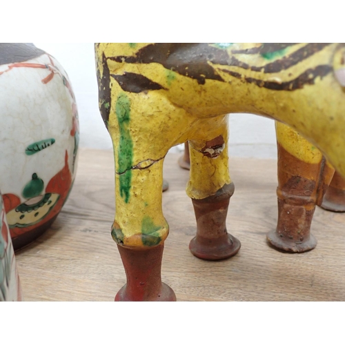 390 - Square section ceramic Vase, various Chinese Jars, yellow glazed Horse and Dog of Fo Figure, etc.