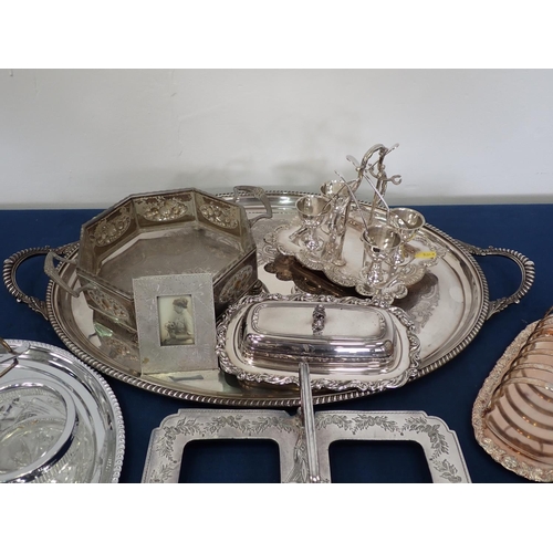 40 - A box of plated ware including Toast Rack, Tray, Basket, Egg Cups on stand, Salt, Wine Coaster, etc.