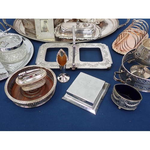 40 - A box of plated ware including Toast Rack, Tray, Basket, Egg Cups on stand, Salt, Wine Coaster, etc.