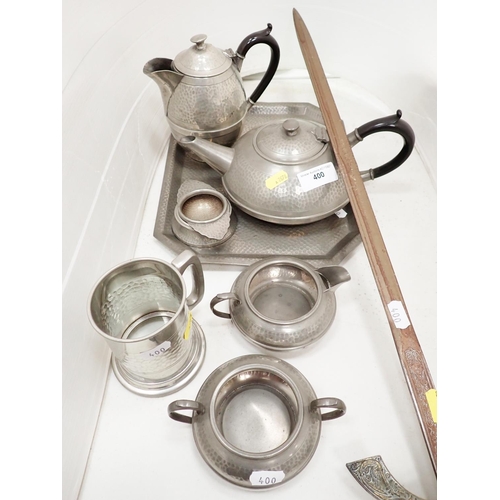 400 - A Lion Pewter Tea Set, Tankard and a reproduction Sword