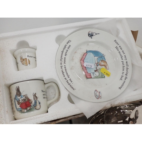 413 - Boxed Beatrix Potter Breakfast Set, other Beatrix Potter ceramics, two pairs of plated Candlesticks,... 