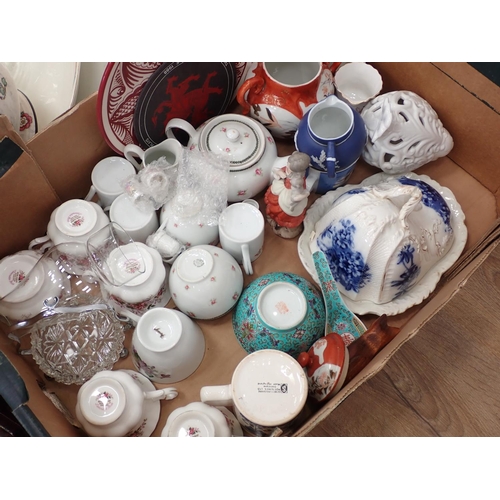 460 - Three boxes of china including Cheese Dish and Cover, Plates, Cat Figures, etc.