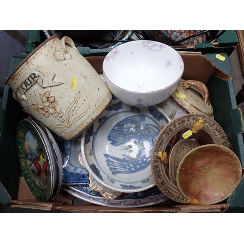 466 - Two boxes of ceramics including Three Meat Plates, a stoneware lidded Jar, Chinese Bowl, Table Lamp,... 