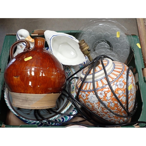 466 - Two boxes of ceramics including Three Meat Plates, a stoneware lidded Jar, Chinese Bowl, Table Lamp,... 