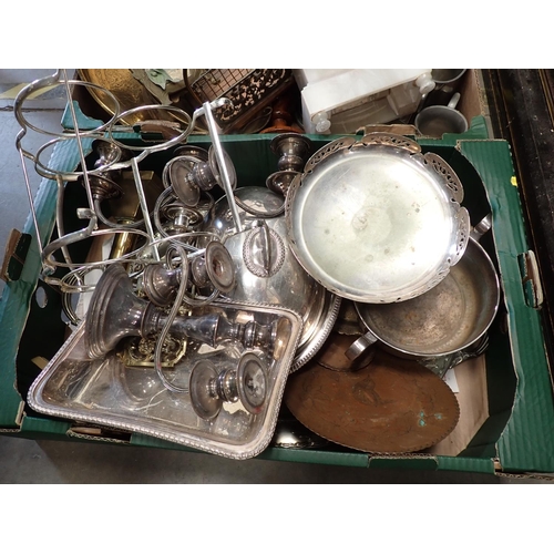 467 - Two boxes of plated and metal ware including Candelabra, Mantle Clock, Tankards, Entree Dishes, bras... 