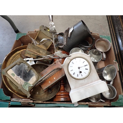 467 - Two boxes of plated and metal ware including Candelabra, Mantle Clock, Tankards, Entree Dishes, bras... 