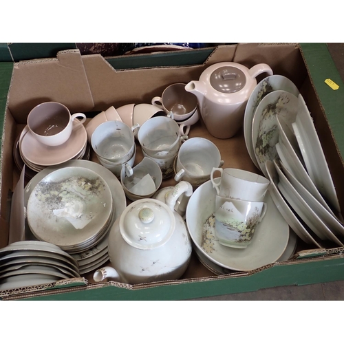 468 - Three boxes of Ceramics and cut Glass including Tea Services, stoneware red glazed Jug, Vase, Jardin... 