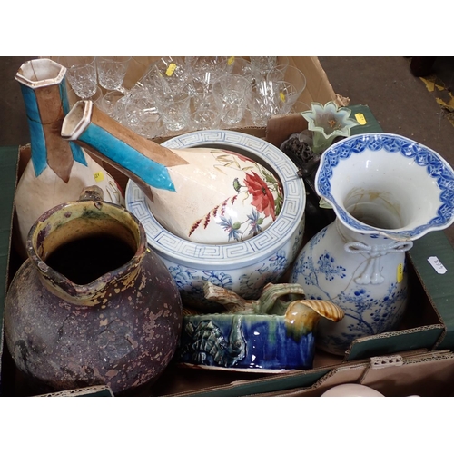 468 - Three boxes of Ceramics and cut Glass including Tea Services, stoneware red glazed Jug, Vase, Jardin... 