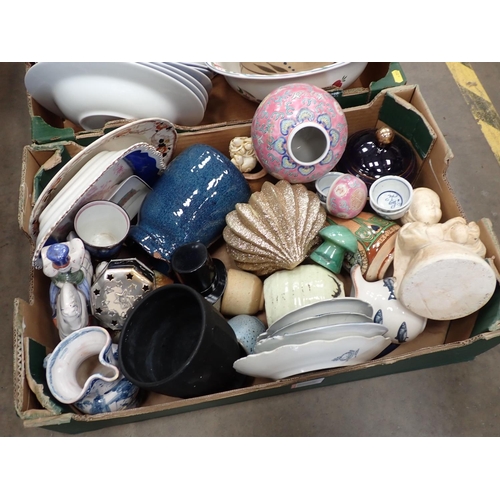 471 - Four boxes of Ceramics and cut Glass including Chinese reclining Cat, pink Chinese Vase, stoneware V... 