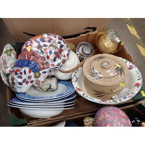 471 - Four boxes of Ceramics and cut Glass including Chinese reclining Cat, pink Chinese Vase, stoneware V... 