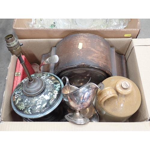 475 - Two boxes including Mantle Clock, Table Lamp, plated pieced Basket and assorted glass