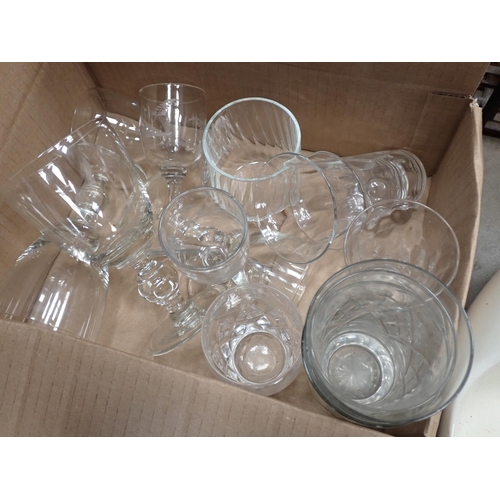 476 - Box of glassware, Clock and Slipper Pan