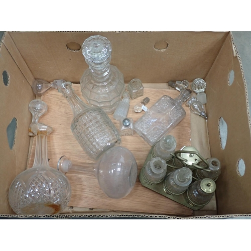 477 - Three boxes of glassware including Decanters, Cruet Set on stand and glasses