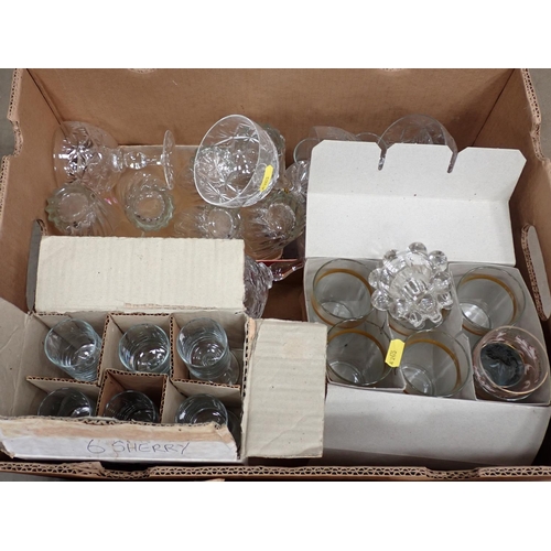 477 - Three boxes of glassware including Decanters, Cruet Set on stand and glasses