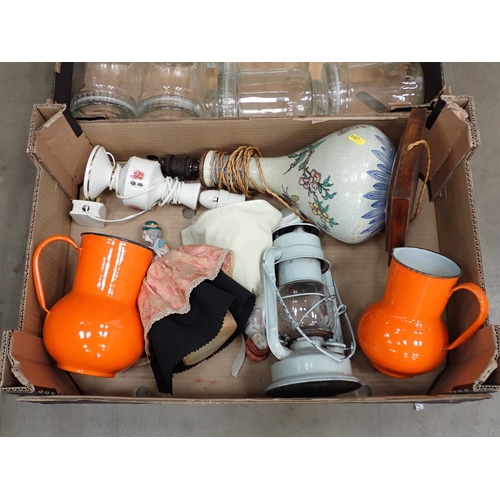 478 - Four boxes of ceramics and glassware including Table Lamps, Storage Jars, stoneware Jar, etc.