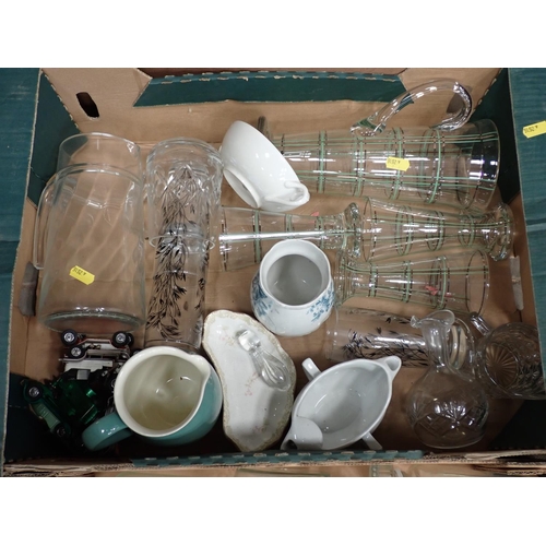 478 - Four boxes of ceramics and glassware including Table Lamps, Storage Jars, stoneware Jar, etc.