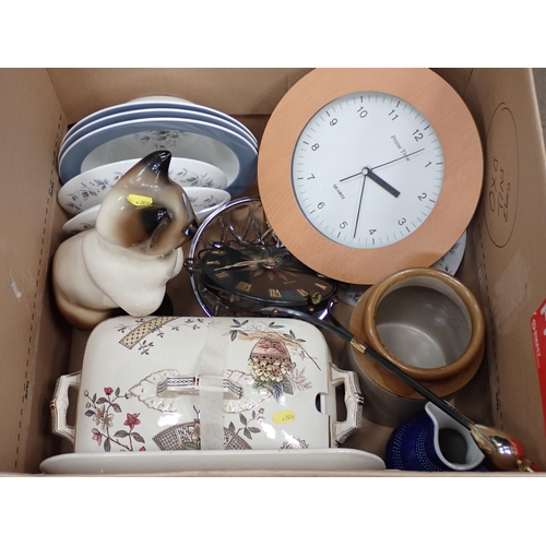 479 - Two boxes of miscellaneous items including Tureen and Plate, Cat Figure, Clock, plated Tray, etc.