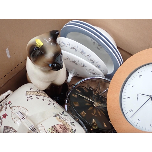 479 - Two boxes of miscellaneous items including Tureen and Plate, Cat Figure, Clock, plated Tray, etc.